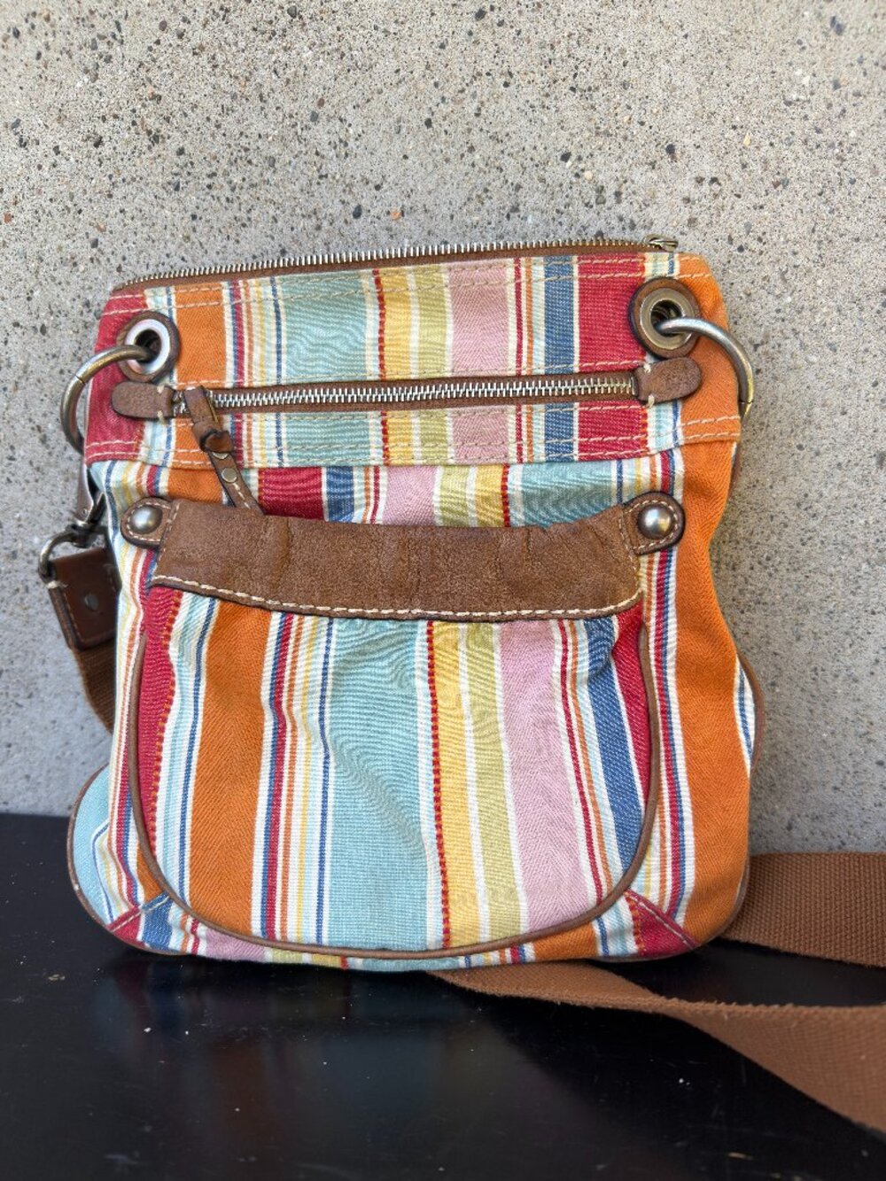 FOSSIL COLORFUL STRIPED CANVAS CROSSBODY SHOULDER BAG PURSE LEATHER TRIM